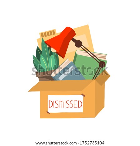 Box with personal belongings, dismissal from work, fall under job cuts. Box with books, paper, lamp, plants, documents. Flat vector illustration 