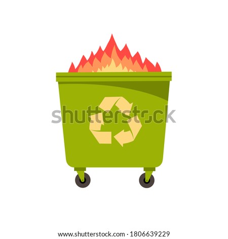 The trash can is burning. Violation of the rules. Harm to nature and people. Bad ecology. Cartoon flat vector illustration