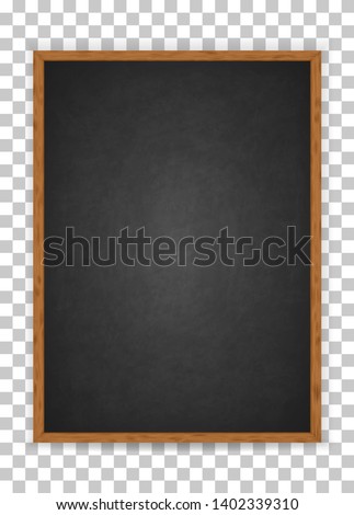Realistic blank black chalkboard in wooden frame. Rubbed out dirty chalkboard. Background for school or restaurant design, menu. Blackboard isolated over whit background. Clipart vector illustration 