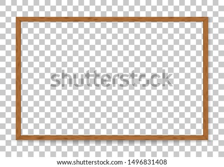 3D wood frame. Picture frame design isolated on background. Realistic wooden rectangular natural frame with shadow. Background for presentations, restaurant menu, chalkboard school. Clipart vector 