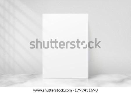 Mockup poster with shadow blinds from window. Mock up sheet paper. White empty blank. Vertical mockup. Light from window. Realistic reflected shadow on wall. Overlay effect. Shade jalousie. Vector