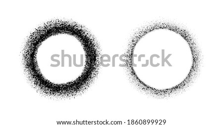 Set circle frame with spray effect. Collection circular border of grunge dots. Ring boarder. Round brush. Spot paint. Drip point radial shape. Urban street design for prints. Faded uneven dot. Vector