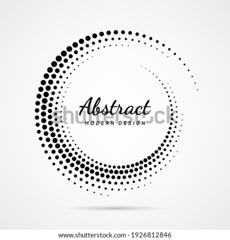 Circular dot frame. Circle border with effect halftone. Modern faded ring. Semitone shape round. Point sphere boarder. Dotted geometric pattern. Graphic small dots element for design prints. Vector