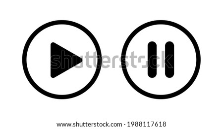 Play and pause button. Sign player. Icon play or pause video. Symbol click. Black button isolated on white background. Circle start or stop media, music, audio, multimedia. Graphic round icon. Vector