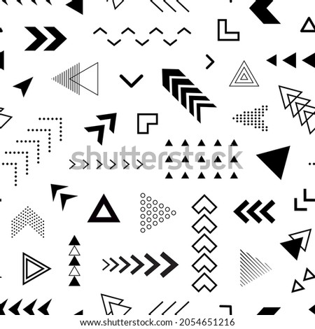 Arrow seamless pattern. Abstract geometric design for prints. Graphic shapes arrows. Repeated geometry background. Repeating random angular element patern. Modern techno texture. Vector illustration