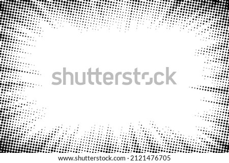 Edge frame. Halftone cartoon border. Pop art dot. Attention pattern. Faded attention texture. Black line isolated on white background. Concentration lines design. Grunge dots zoom. Vector illustration Foto stock © 