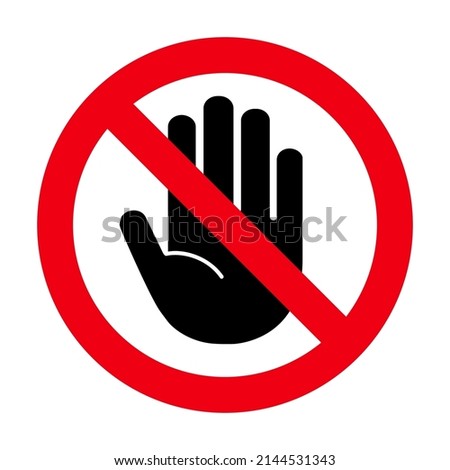 Dont stop icon. Pforbidden sign. Hand prohibit. Forbidden access. Symbol ban entry. Red circle and black palm isolated on white background. Halt warning pictogram. Icon no entry. Vector illustration Сток-фото © 