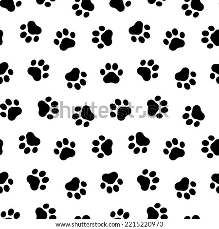 Cute paw seamless pattern. Repeating cartoon black dog or cat on white background. Repeated marks pet texture for design prints. Repeat modern backdrop. Contemporary patern. Vector illustration