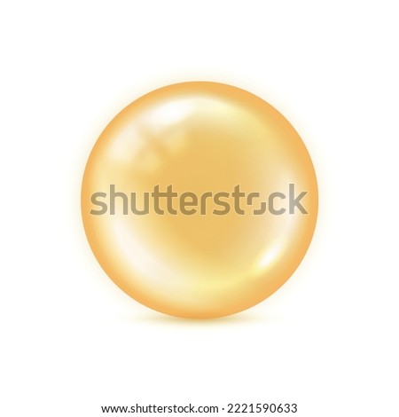 Yellow orb isolated on white background. Big shape glass circle with shadow. Realistic oil bubble orange color. Round sphere collagen. Concentrate vitamin bead for design print. Vector illustration