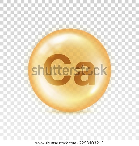 Calcium icon. Ca vitamin yellow orb isolated on transparent background. Big shape glass circle. Realistic 3d bubble. Round sphere nutrition. Design capsule. Deficiency vitamins. Vector illustration