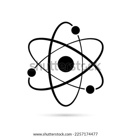 Atom icon. Quantum physics. Black color logo isolated on white background. Medical symbol. Nuclear energy. Molecule structure. Fusion reactor. Proton core. Atomic neutron power. Vector illustration