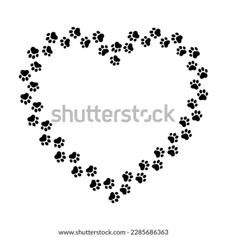 Frame paw pattern. Cute heart border dog or cat. Black footprint boarder isolated on white background. Mark animal frames. Silhouette step for design prints. Footmark lines. Vector illustration
