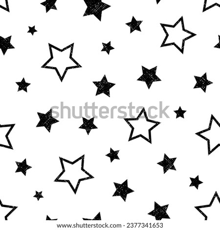Star seamless pattern. Repeating black stars isolated on white background. Repeated simple prints for design. Abstract monocrome lattice. Repeat sample. Geometric random texture. Vector illustration