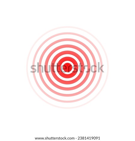 Expansive red wave. Sound icon. Red effect pulse isolated on white background. Signal radar. Pattern sonar. Vibration line design. Radial rays. Round ripple logo. Sonic waves. Vector illustration