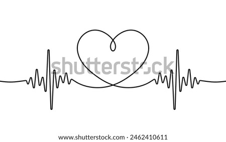 Heart beat one line. Continuous lines heart beats drawing. Wave pulse. Hand draw heartbeat. Design heartbeat for print. Black silhouette cardiogram isolated on white background. Vector illustration