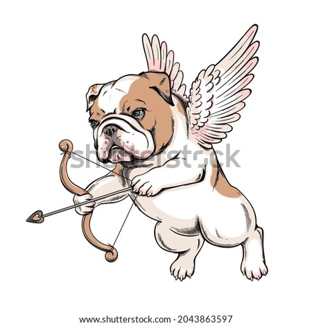 Cute english bulldog puppy with angel wings. Vector illustration in hand-drawn style. Cupid illustration. Image for printing on any surface	