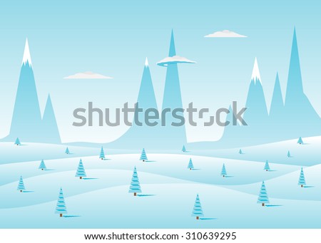 Blue landscape, rocks and clouds, snowdrifts and fir-trees