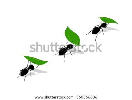 icon ant. A silhouette of black ants with green leaves