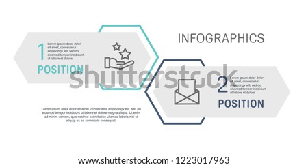 Flat line vector illustration. Infographic template with two elements, hexagons, rectangle. Timeline step by step. Designed for business, presentations, web design, diagrams, training with 2 steps.