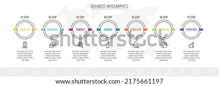 Infographics circles with icons. Line vector business concept of 7 steps by step, options, squares. Template with seven ways for diagram, web, banner, presentations, flowchart, content, levels, chart