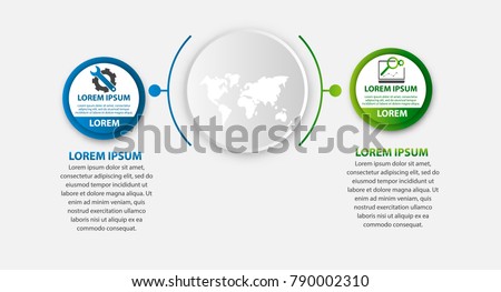 Modern vector illustration 3d. Template of circular infographics with two elements, circles. Contains map in the center. Designed for business, presentations, web design, diagrams with 2 steps.