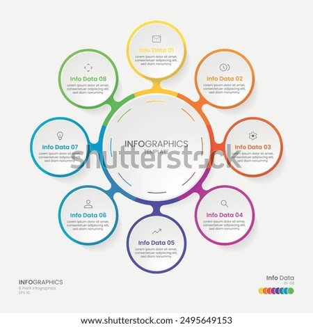 Business minimal Infographics template. 8 steps rounded timeline with options and marketing icons .Vector rounded infographic with eight circle connected elements. Design can be use for presentation.