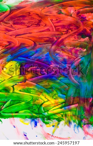 Multicolored abstraction oil paint close-up shot. Drawn child