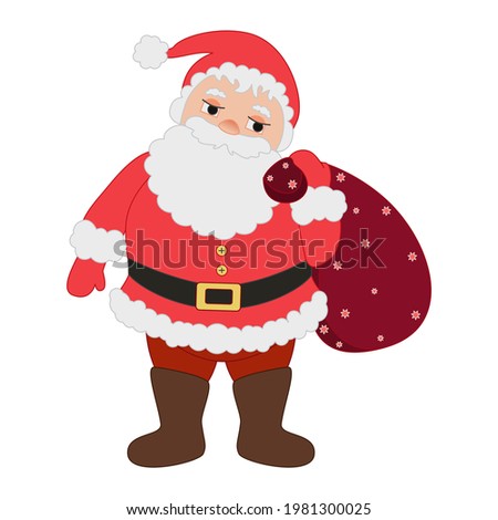 Santa Claus with a bag of gifts. Collage for the design of greeting cards, stickers, magnets, printing on fabric. Vector. Close-up.