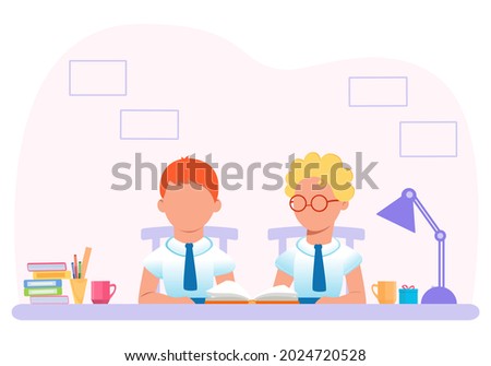 Children sit at their desks in the classroom. Back to school. Knowledge day. Vector. Cartoon style.