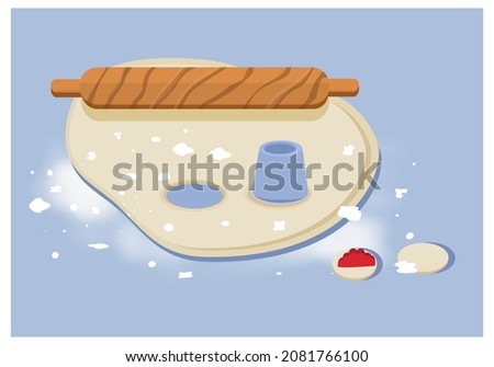 Raw rolled out dough on the table. Culinary production. Colorful background. Collage for web design. Cartoon flat illustration, cooking. Close-up. Products for making cookies, pies, dumplings. Culinar