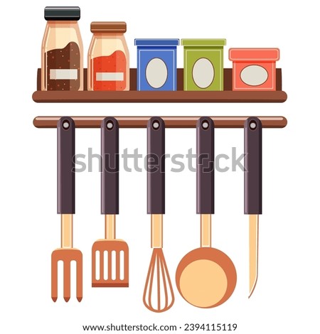 Kitchen set. Spice shelf. Collection of culinary products. Vector. Cartoon. Close-up. Used for web design collages, illustrations and interior design.