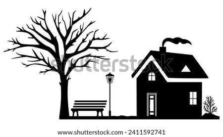 Black silhouette of cabin and bench by tree with street lamp. Silhouette of nature for fall and winter season. Vector. Graphic. Simple cartoon drawing. Used for web design and polygraphy.