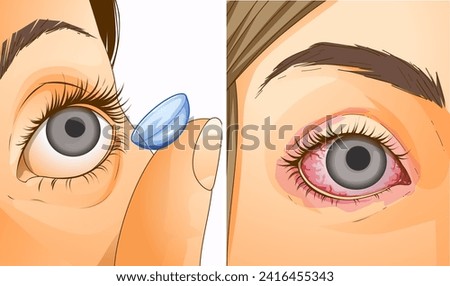 Problems wearing contact lenses. Dry eye. Inflammation of the eyes. Healthcare illustration. Vector illustration.