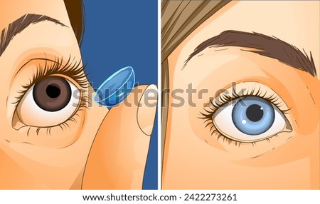 A woman wears contact lenses for her eyes. Close-up image of a female eye and contact lens. Changing the color of the eyes. Healthcare illustration. Vector illustration.