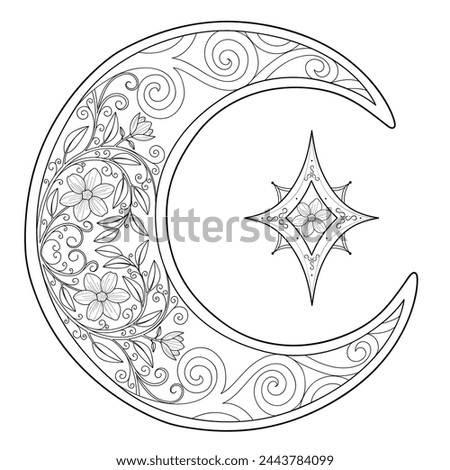 A beautiful moon in an engraved floral design and lodestar. Antistress page for adults. Vector illustration. 