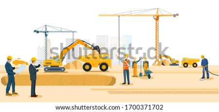 Construction site with excavators and heavy trucks