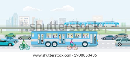 Road traffic with elevated train, bus and cyclist and cityscape illustration
