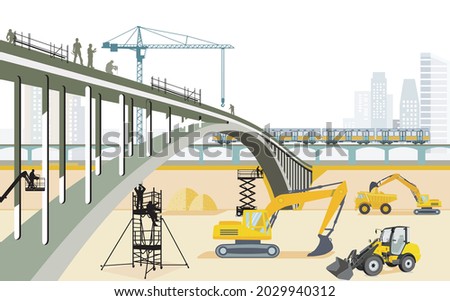 Bridges construction site with construction workers, illustration