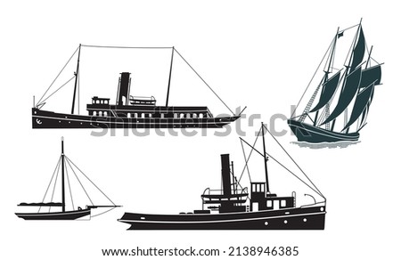 Steamships and Sailing ship,, isolated on white, illustration 