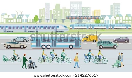 Public transport with rapid transit, tram and metro, bus, illustration