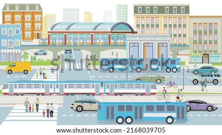 Road traffic with bus and elevated train illustration