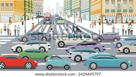 City silhouette of a city with traffic and people, illustration