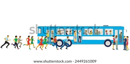 City bus with stop and hurrying passengers illustration