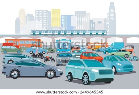 City silhouette of a city with traffic jam illustration