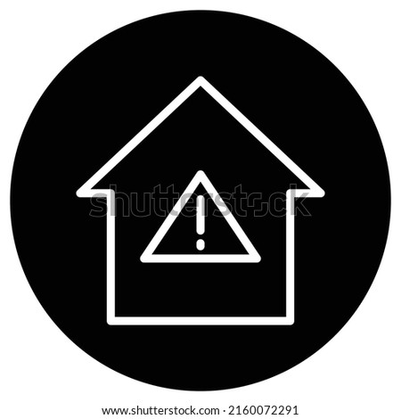 Warning, house simple icon. Flat desing. White icon on black circle. White background.ai