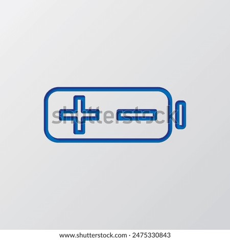 Battery, plus minus simple icon. Flat design. Paper cut design. Cutted blue symbol with shadow. Gray background.ai