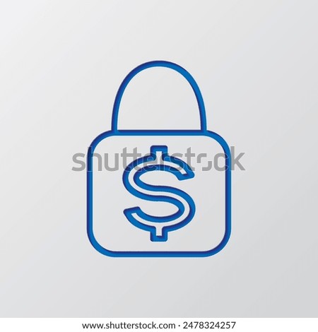 Lock, dollar simple icon vector. Flat design. Paper cut design. Cutted blue symbol with shadow. Gray background.ai