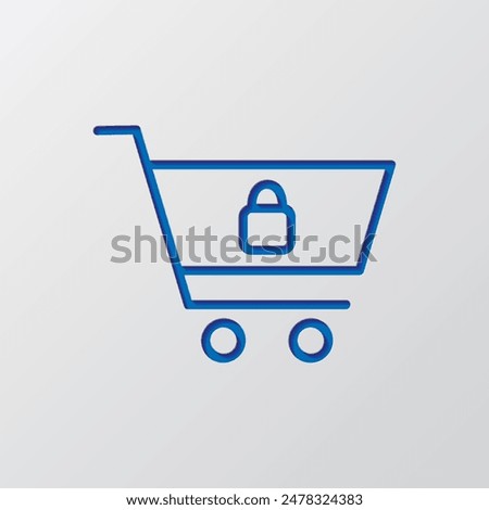 Shopping cart, lock simple icon vector. Flat design. Paper cut design. Cutted blue symbol with shadow. Gray background.ai