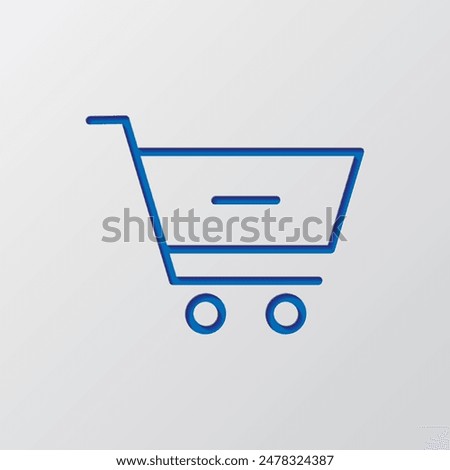 Shopping cart, minus simple icon vector. Flat design. Paper cut design. Cutted blue symbol with shadow. Gray background.ai