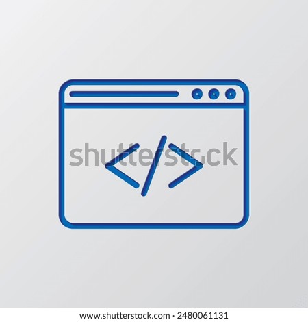 Browser, coding simple icon vector. Flat design. Paper cut design. Cutted blue symbol with shadow. Gray background.ai